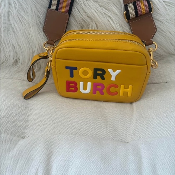 Tory Burch Handbags - Tory Burch Yellow Leather Camera Crossbody with Multicolor Logo Letters